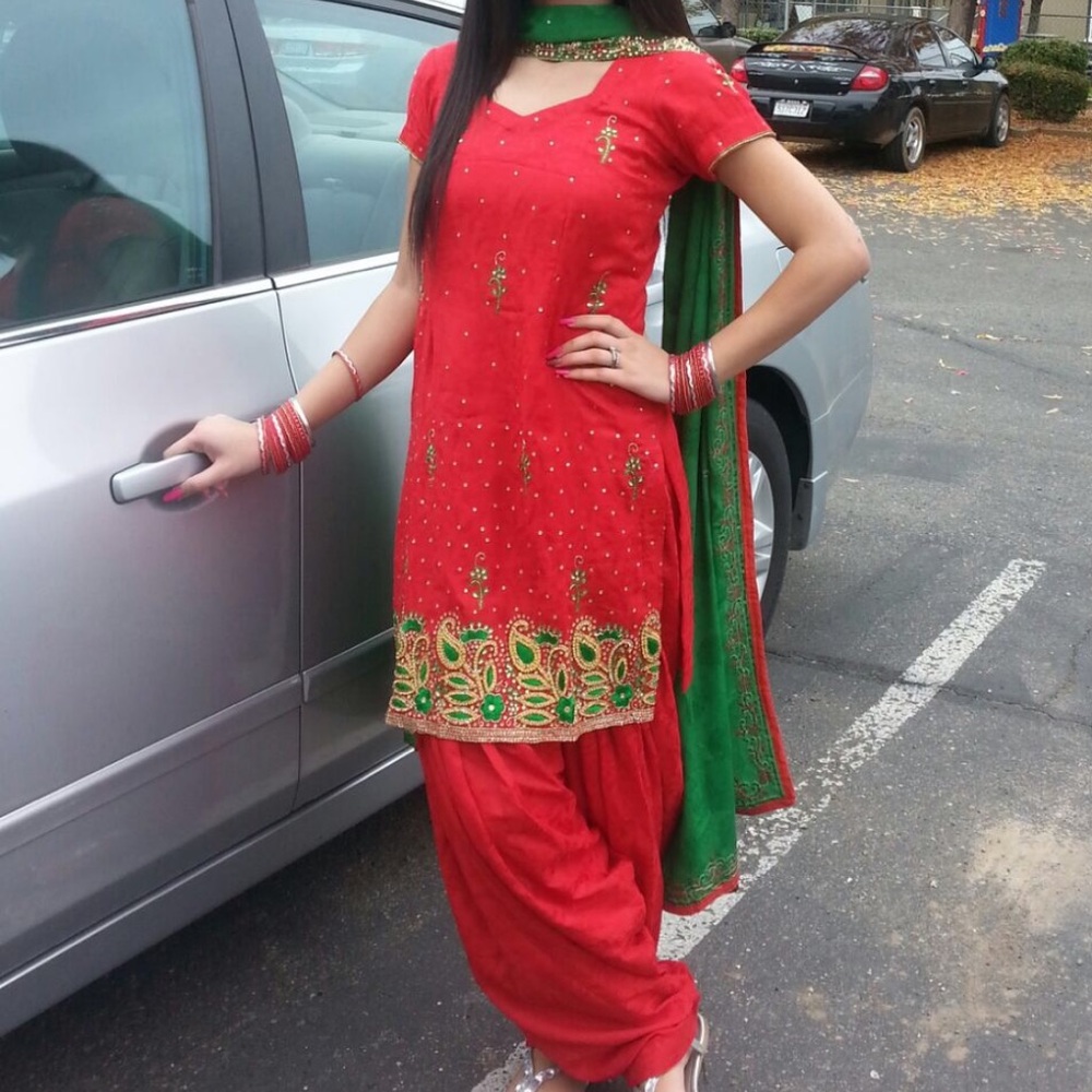 Red and Green Embroidered Traditional Outfit
